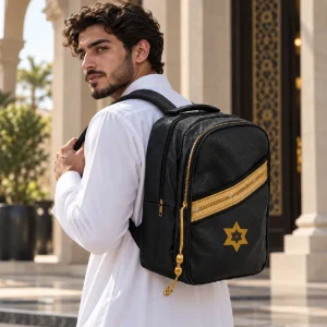 Backpack in PU Leather with Arabic Traditional Gold Bisht Design - Image 2
