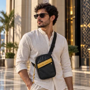 Crossbody Bag in PU Leather with Arabic Traditional Gold Bisht Design - Image 3
